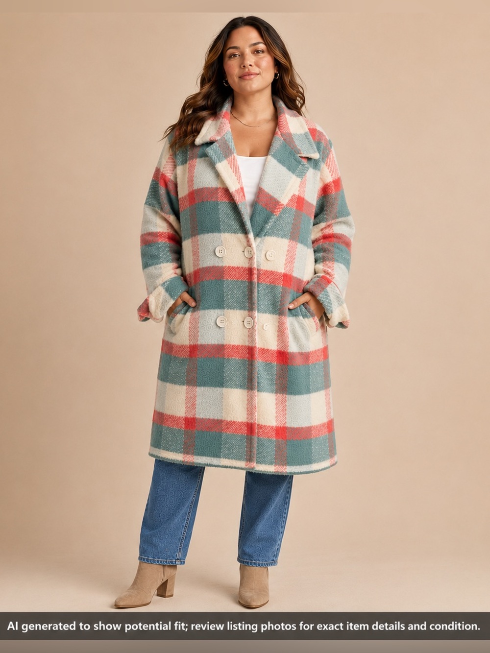 Davi & Dani Plaid Fuzzy Long Double Breasted Coat Teal Coral Cream M